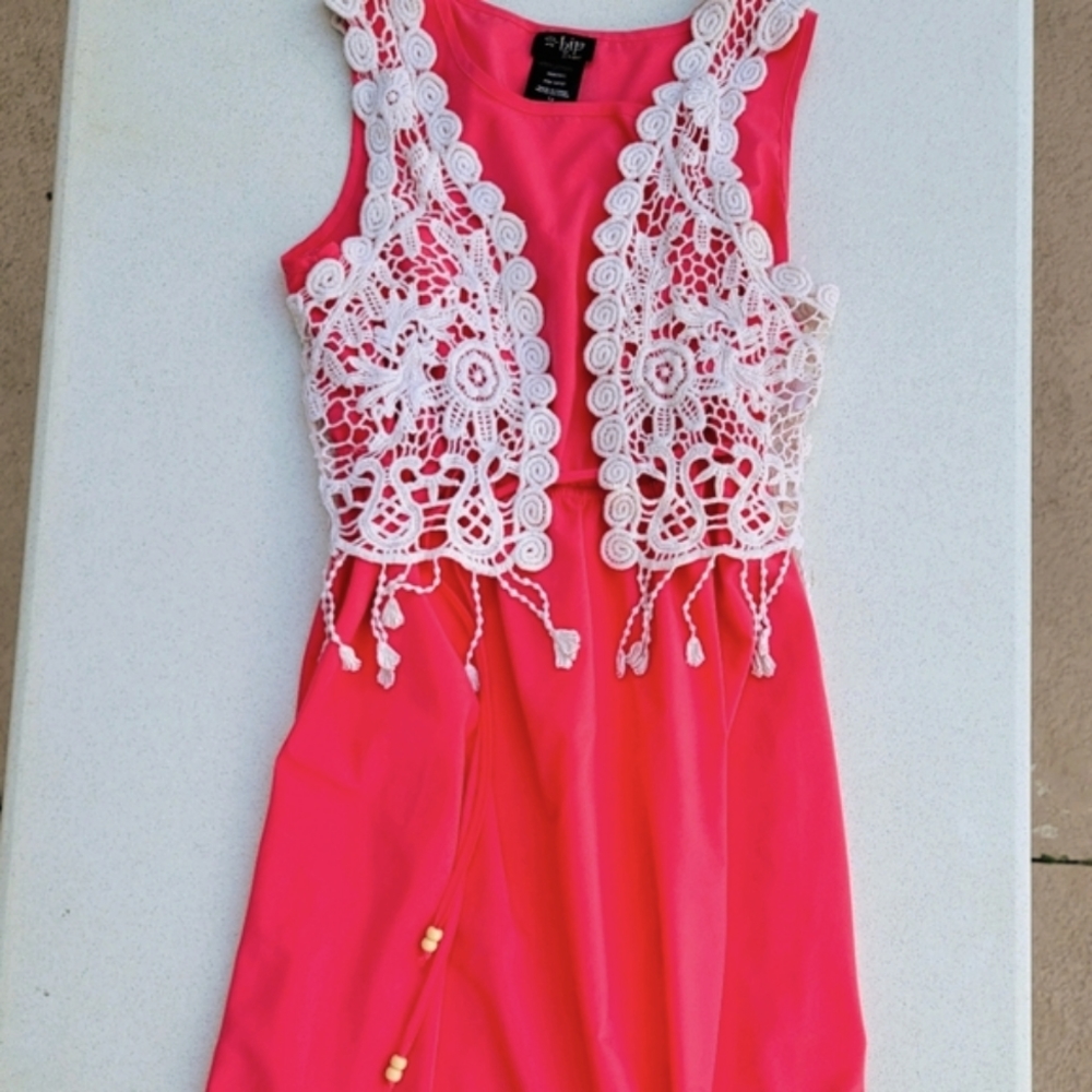 Girls Beautiful Coral Dress and Lace Vest Sz 12